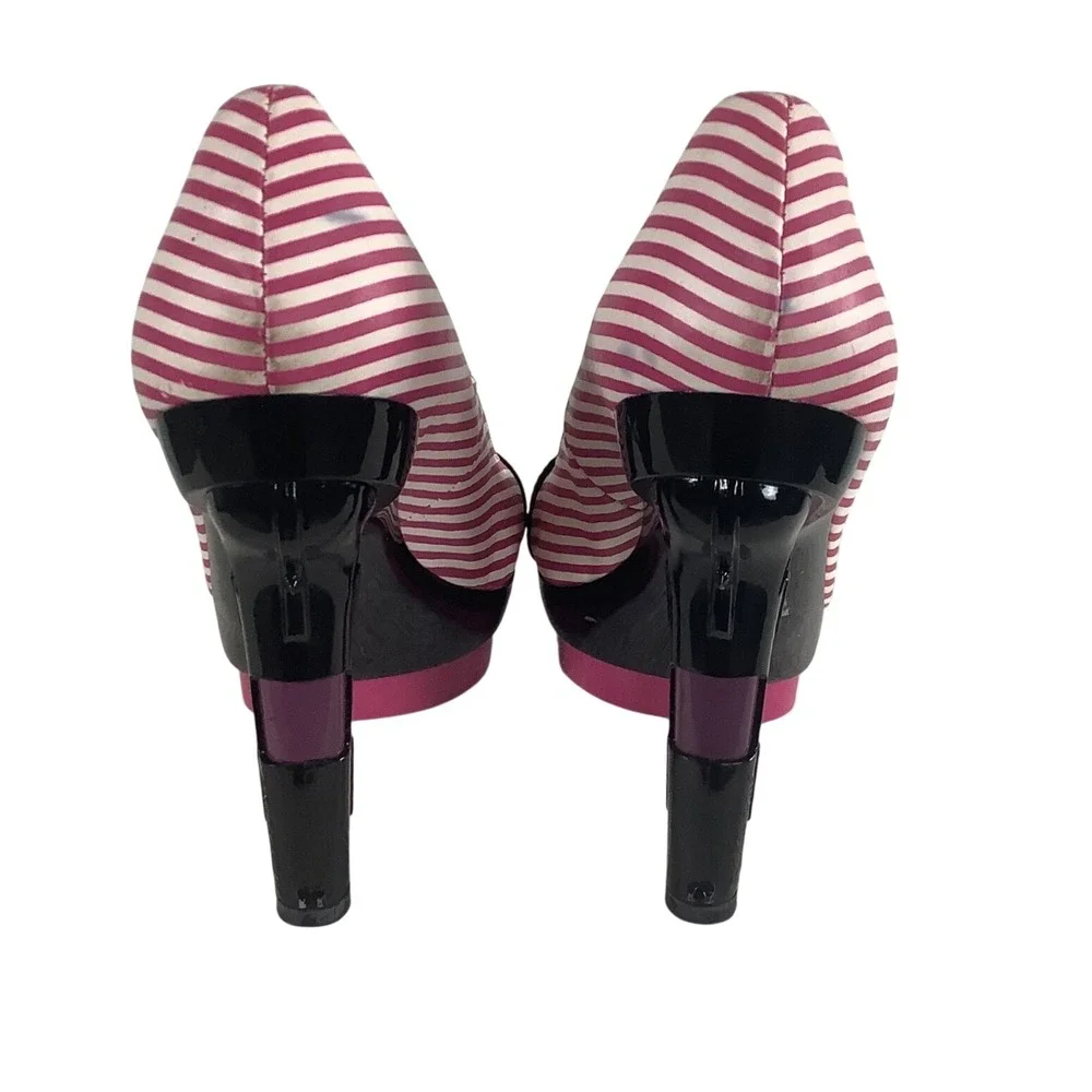 Highest Heel Pink White Striped Gun Heel Platform Pumps Buckle Accent Size 10